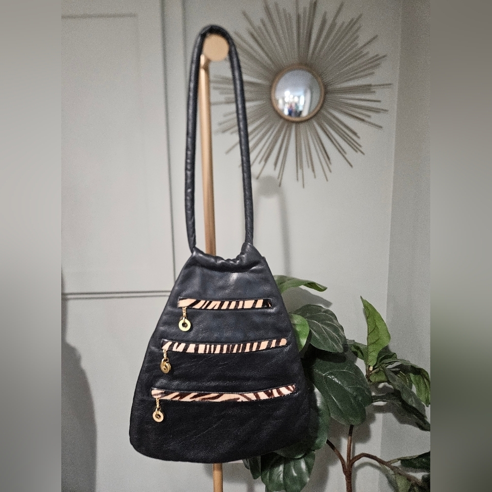 Vintage Black Leather Hobo Bag Haircalf Zebra Accent Multi Zip Shoulder Purse. - Picture 12 of 16
